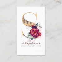 S Monogram Burgundy Red Flowers and Gold Glitter