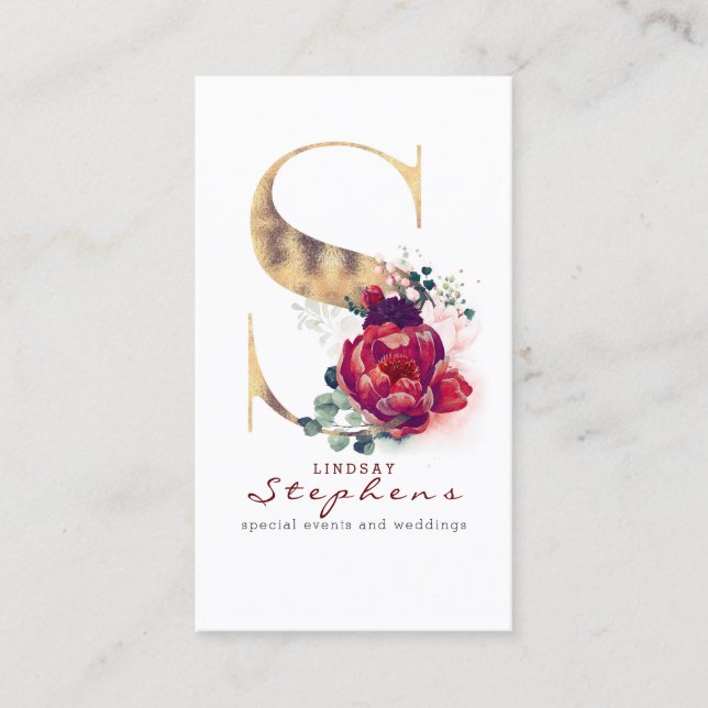 S Monogram Burgundy Red Flowers and Gold Glitter Business Card (Front)