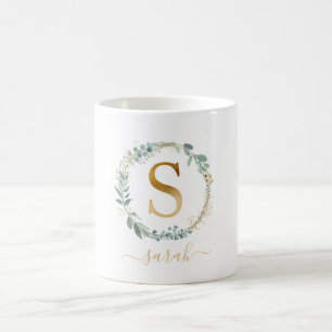S monogram, customer specific leafy wreath   coffee mug