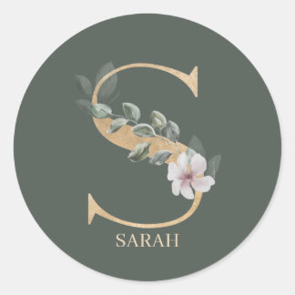 S Monogram Floral Personalised Classic Round Sticker