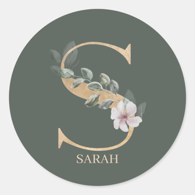 S Monogram Floral Personalised Classic Round Sticker (Front)