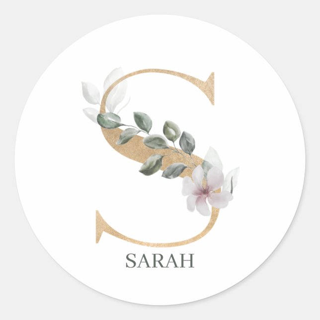 S Monogram Floral Personalised Classic Round Sticker (Front)