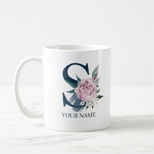 S Monogram Floral Personalised Coffee Mug (Left)