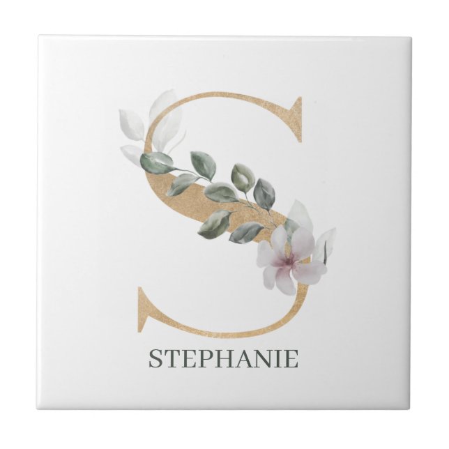 S Monogram Floral Personalised Tile (Front)