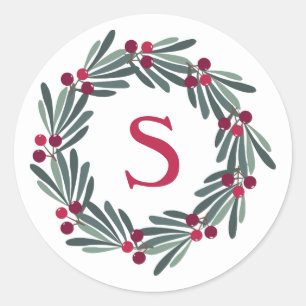 “S” Monogram Holly Berry Wreath Classic Round Sticker