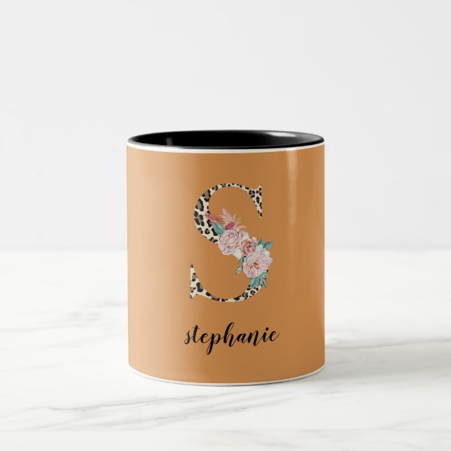 S Monogram Leopard Print Floral Two-Tone Coffee Mug (Center)