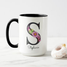 S Monogram Purple Floral Personalised Name Mug