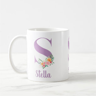 S Monogram Purple Floral Watercolor Personalised Coffee Mug
