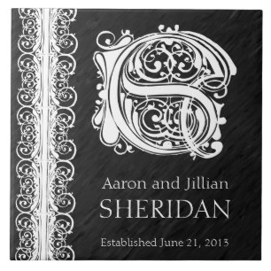 S Monogram "White Lace on Black" Wedding Tile