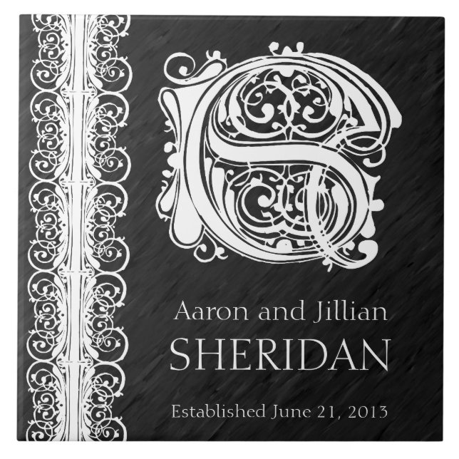 S Monogram "White Lace on Black" Wedding  Tile (Front)