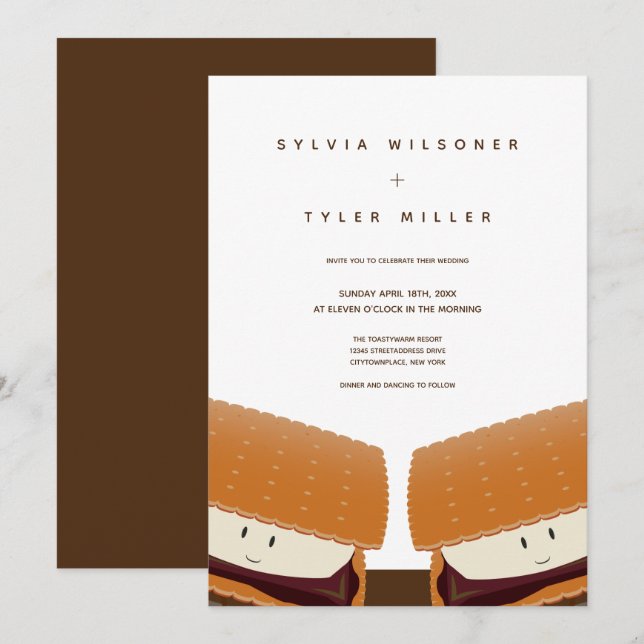 S’more Illustration Wedding White Brown Vertical Invitation (Front/Back)