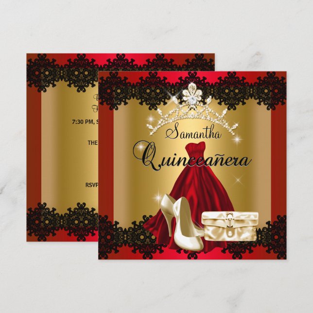 S Quinceanera 15th Red Black Gold Diamond Tiara Invitation (Front/Back)