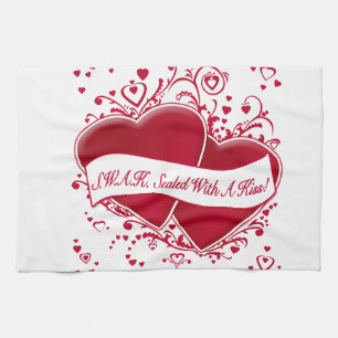 S.W.A.K. Sealed With A Kiss! Red Hearts Tea Towel