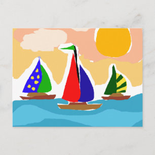 SA- Colourful Sailboat Primitive Art Postcard