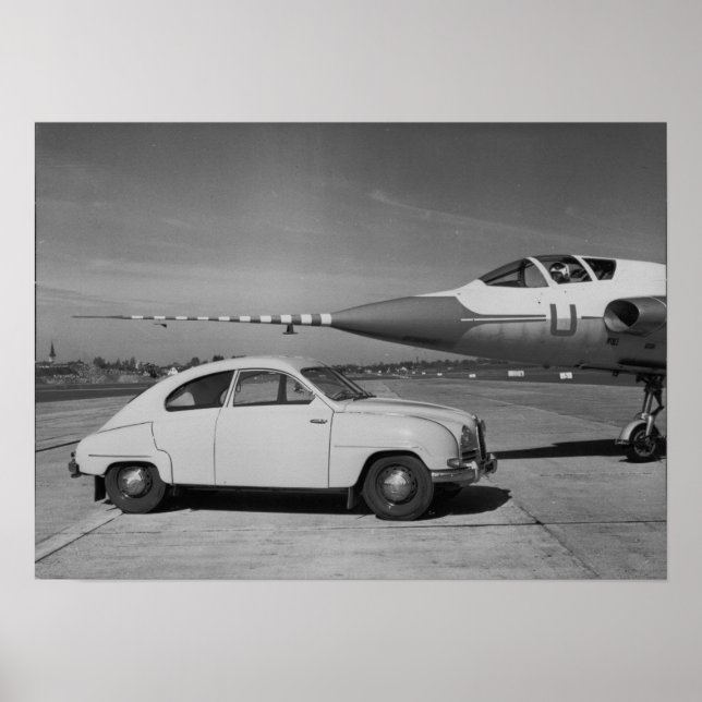 Saab 93b Vintage 1958 Black & White Photo  Poster (Front)