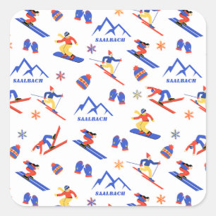 Saalbach Austria Alps Ski Snowboard Pattern Square Sticker