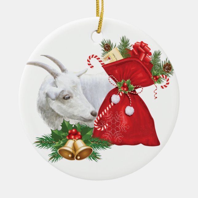 Saanen Goat With Holiday Spirit Ceramic Tree Decoration (Front)