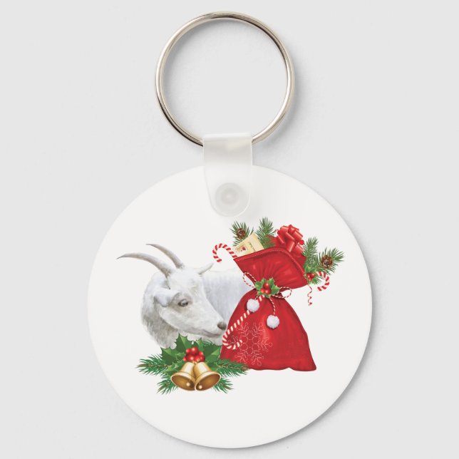 Saanen Goat With Holiday Spirit Key Ring (Front)