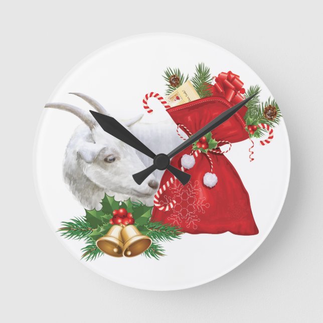 Saanen Goat With Holiday Spirit Round Clock (Front)