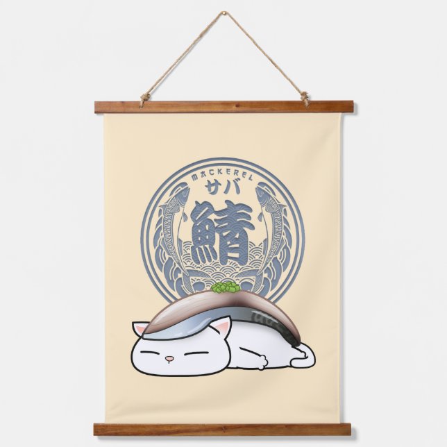 Saba Mackerel Sushi Cat  Hanging Tapestry (Front)