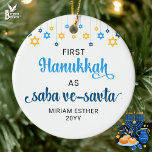 Saba Ve-Savta FIRST HANUKKAH AS GRANDPARENTS  Ceramic Tree Decoration<br><div class="desc">Cute FIRST HANUKKAH as SABA VE-SAVTA (grandparents) ceramic ornament with CUSTOMIZABLE NAMES & YEAR. Design shows Hanukkah blue handwriting script typography with blue and yellow hanging stars. A beautiful souvenir for grandparents first Hanukkah. Design is repeated on the back.</div>