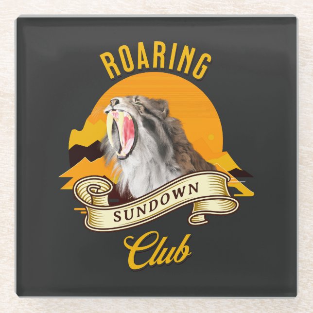 Sabertooth Tiger Retro Sunset Adventure Club Glass Coaster (Front)