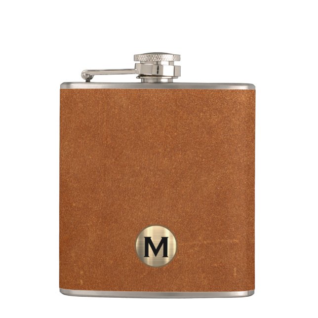 Sable Brown Leather Gold Monogram Hip Flask (Front)