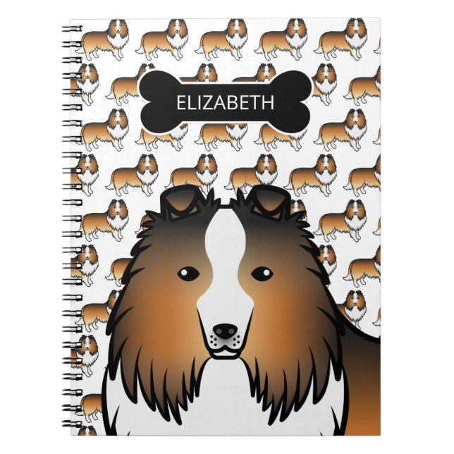 Sable Cartoon Sheltie With Dog Bone & Name Notebook (Front)