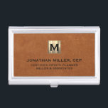 Sable Leather Luxury Gold Initial Logo Business Card Holder<br><div class="desc">Simple modern luxury design with brushed metallic gold initial logo medallion with personalised name,  title,  company name or custom text below in classic block typography on a sable brown leather textured background. Personalise for your custom use.</div>