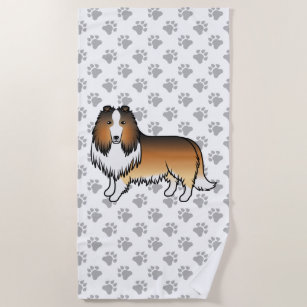 Sable Rough Collie Cute Cartoon Dog & Paws Beach Towel