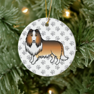 Sable Rough Collie Cute Cartoon Dog & Paws Ceramic Tree Decoration