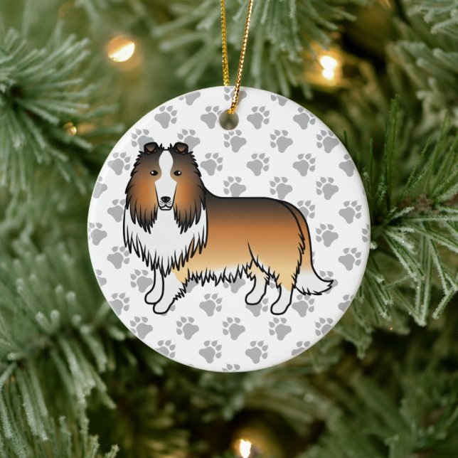 Sable Rough Collie Cute Cartoon Dog & Paws Ceramic Tree Decoration (Tree)