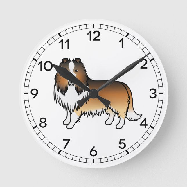 Sable Rough Collie Cute Cartoon Dog Round Clock (Front)
