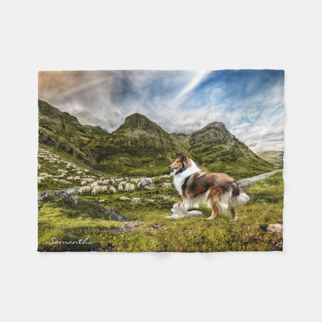 Sable Rough Collie herding Sheep - Personalised Fleece Blanket (Front (Horizontal))