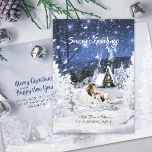 Sable Rough Collie & Lambs Snowy Christmas Night - Holiday Card
