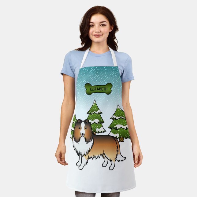 Sable Sheltie Cartoon Dog In Winter & Name Apron (Worn)