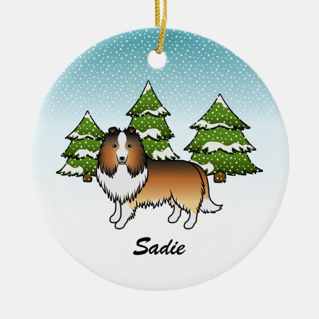 Sable Sheltie Cartoon Dog In Winter & Name Ceramic Tree Decoration (Front)