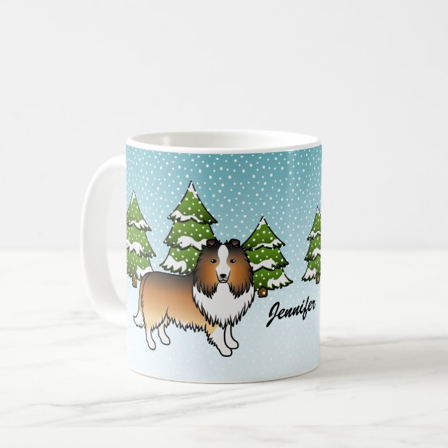 Sable Sheltie Cartoon Dog In Winter & Name Coffee Mug (Front Left)