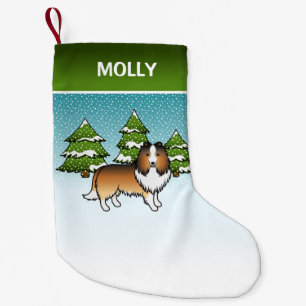 Sable Sheltie Cartoon Dog In Winter & Name Small Christmas Stocking