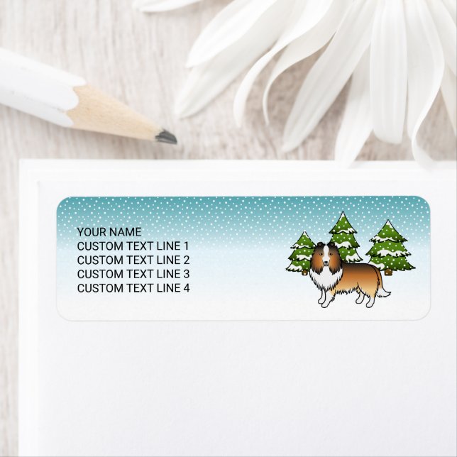Sable Sheltie Cartoon Dog In Winter & Text (Insitu)