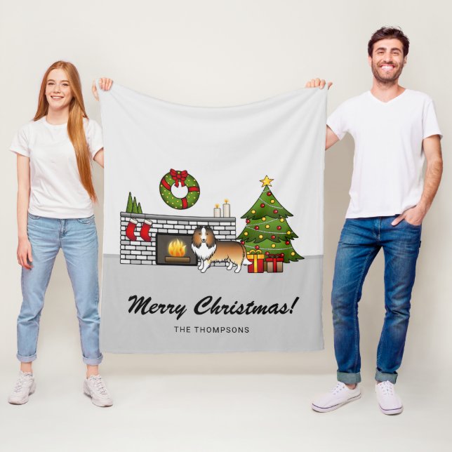 Sable Sheltie Dog In A Christmas Room & Text Fleece Blanket (In Situ)