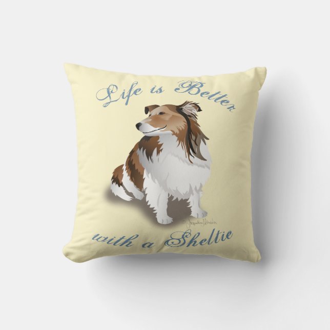 Sable Sheltie Sitting Pretty Yellow Throw Pillow (Front)