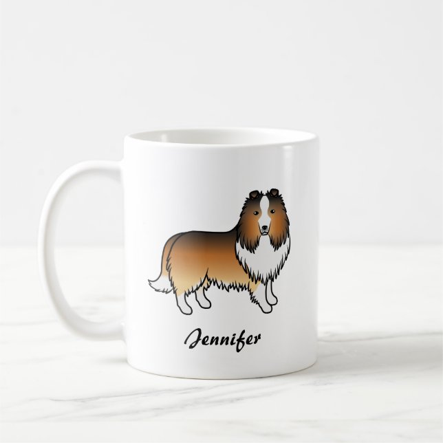 Sable Shetland Sheepdog Cartoon Dog & Name Coffee Mug (Left)