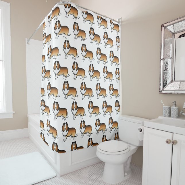 Sable Shetland Sheepdog Cartoon Dog Pattern Shower Curtain (In Situ)
