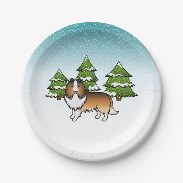 Sable Shetland Sheepdog In A Winter Forest Paper Plate (Front)