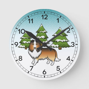 Sable Shetland Sheepdog In A Winter Forest Round Clock