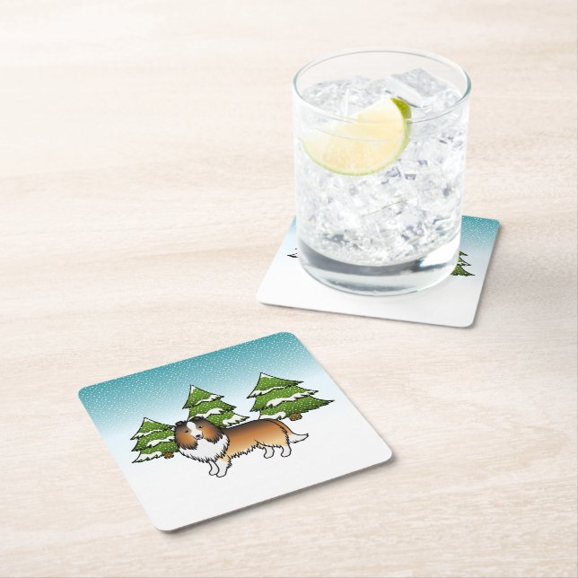 Sable Shetland Sheepdog In A Winter Forest Square Paper Coaster (Insitu)
