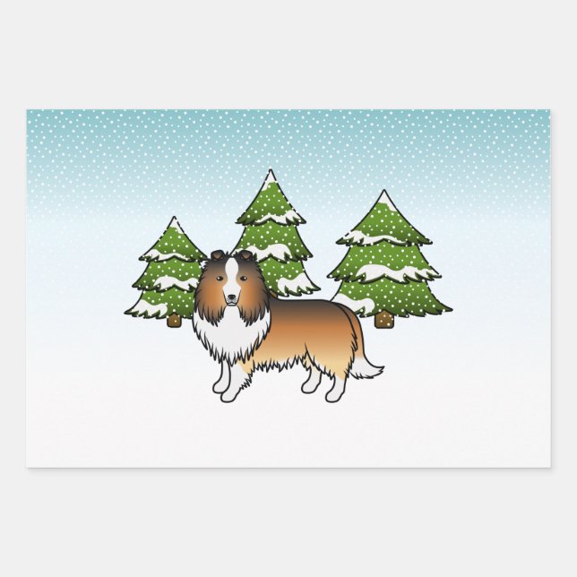 Sable Shetland Sheepdog In A Winter Forest Wrapping Paper Sheet (Front)