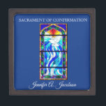 Sacrament Confirmation Stained Glass Holy Ghost Gift Box<br><div class="desc">This personalised traditional stained glass image  Sacrament of Confirmation keepsake jewellery box displays the Holy Ghost in the form of a dove. All texts,  fonts,  and colours may be modified. It would be a perfect keepsake to store all the small gifts and mementos of that special occasion.</div>