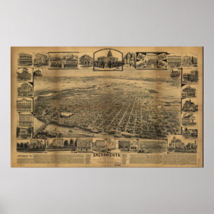 Sacramento California Antique Panoramic Map Poster